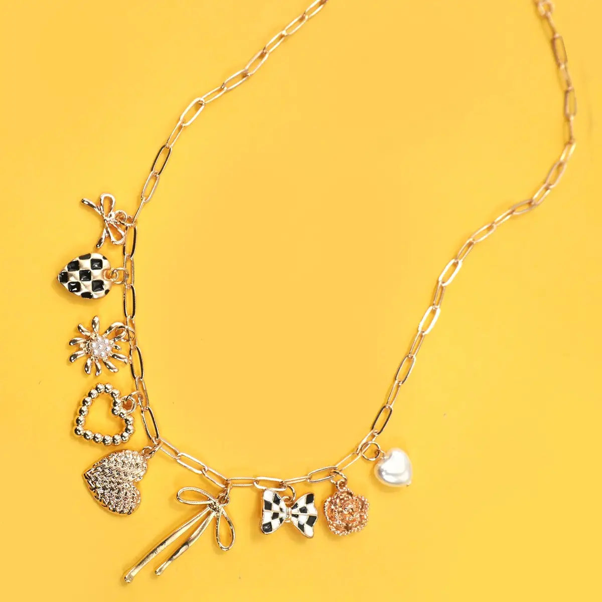 Charm Necklace-Bow Checker Heart Floral