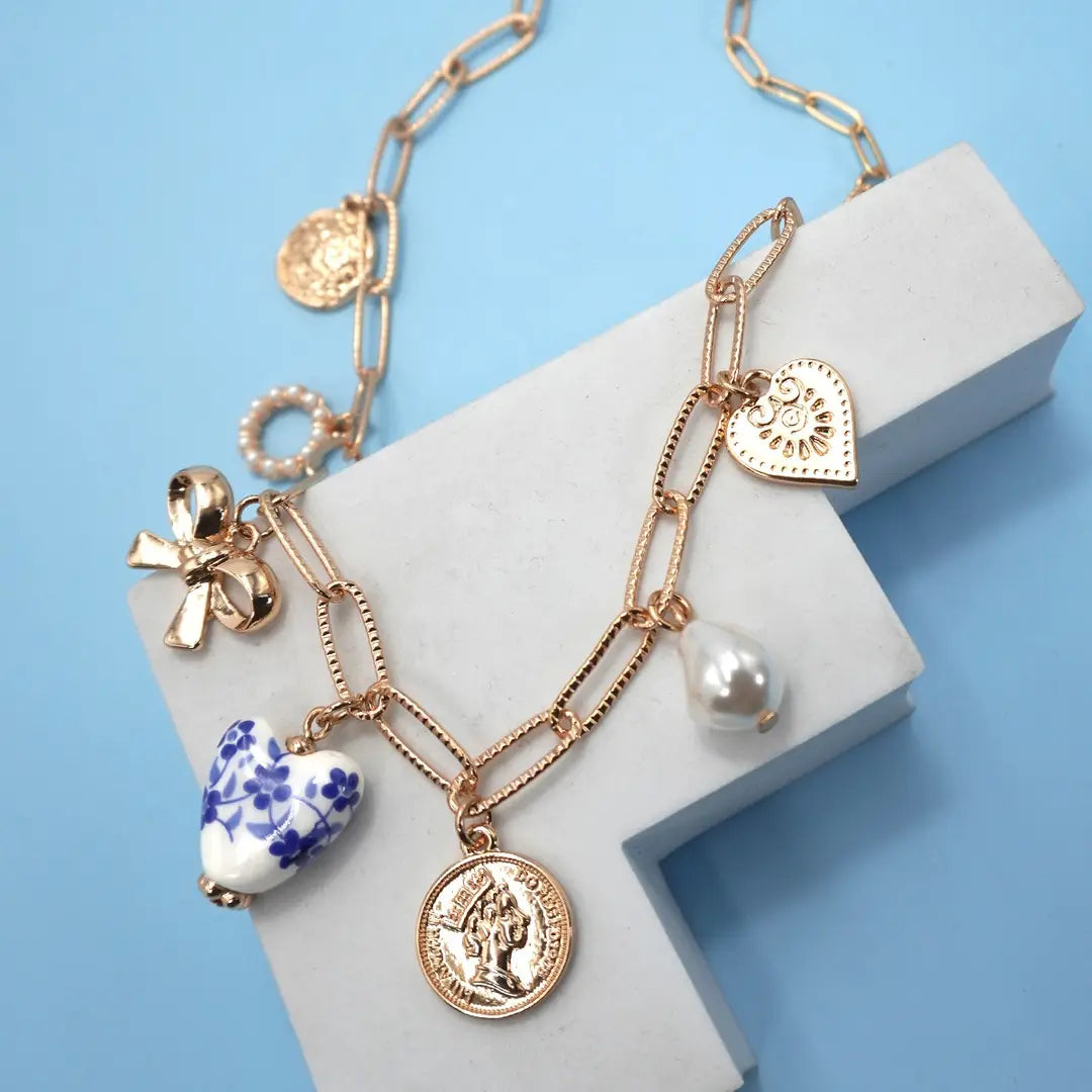 Ceramic Porcelain Bow Heart Charm Link Necklace