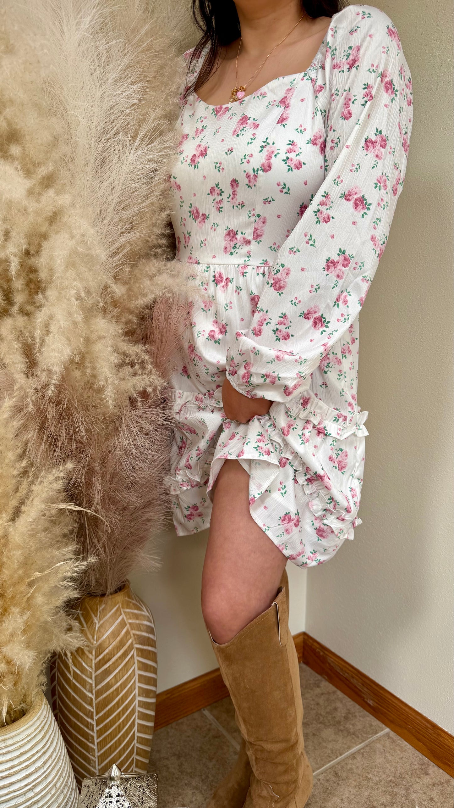 Pink Floral Print Long Sleeve Ruffle Mini Dress