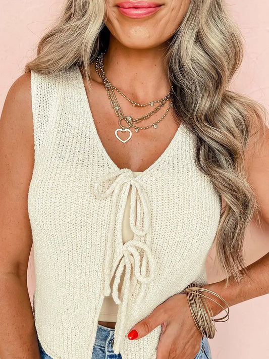 Beige Lace Up Front V Neck Sweater