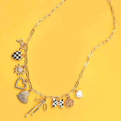 Charm Necklace-Bow Checker Heart Floral