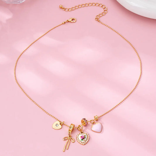 Multi Charm Porcelain Bow Ball Chain Necklace
