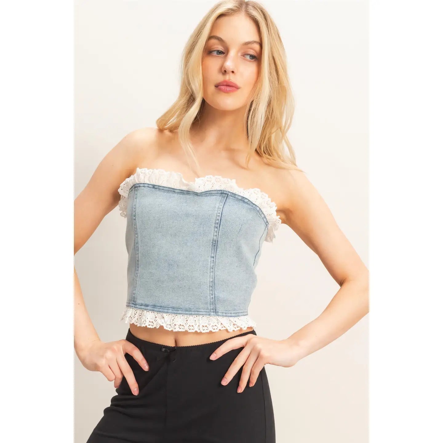 Strapless Denim Lace Trim Top