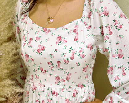 Pink Floral Print Long Sleeve Ruffle Mini Dress