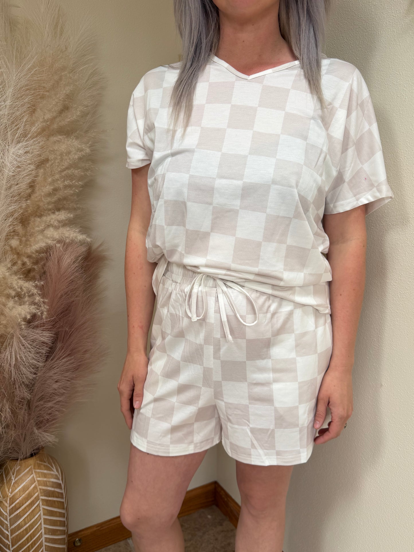 Beige Checkered V Neck Tee Drawstring Shorts Set