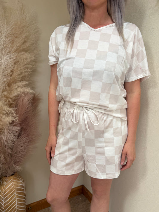 Beige Checkered V Neck Tee Drawstring Shorts Set