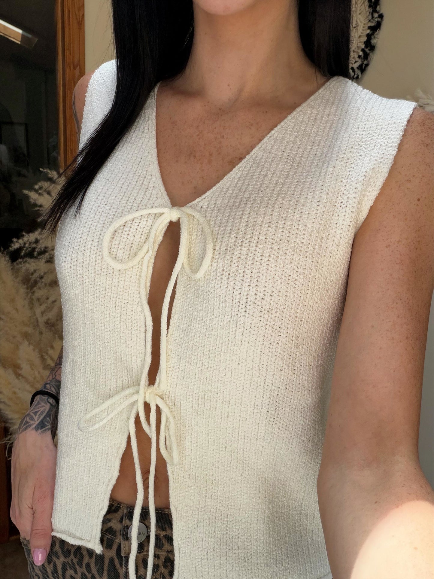 Beige Lace Up Front V Neck Sweater