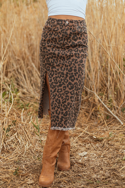 Leopard Denim Midi Skirt