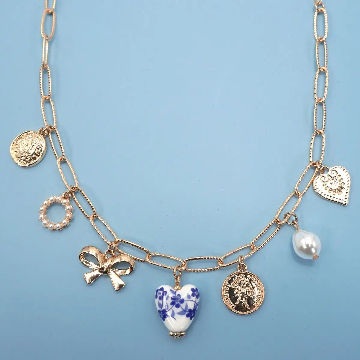 Ceramic Porcelain Bow Heart Charm Link Necklace