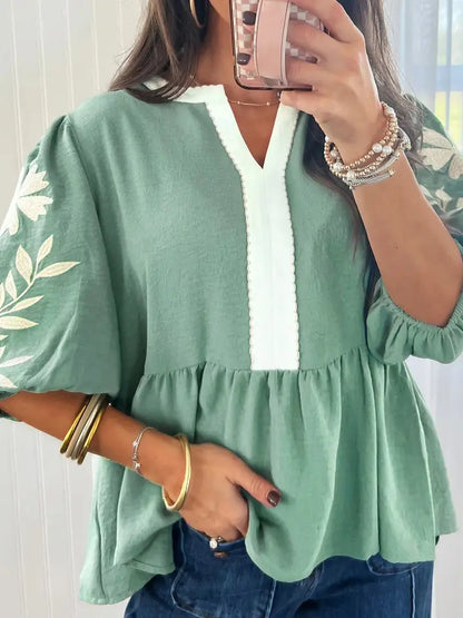 Color Block Patchwork V Neck Embroidered Puff Sleeve Babydoll Blouse