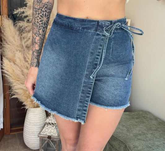 Blue Wrapped Tied Waist Denim Skort